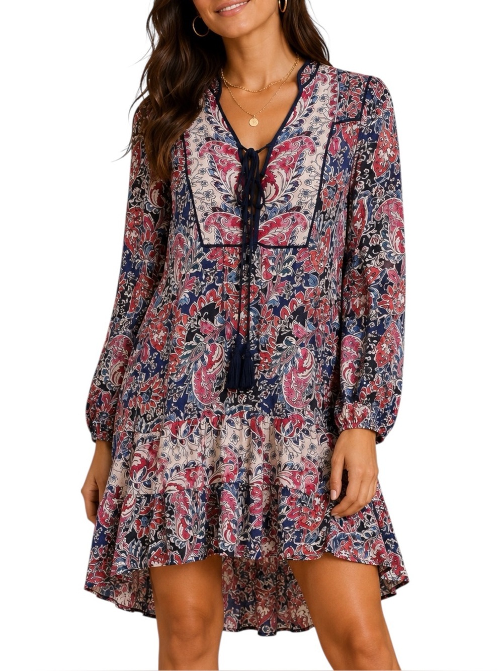 Anthropologie Paisley Boho Tunic Dress S Pink Blue Viscose Mini